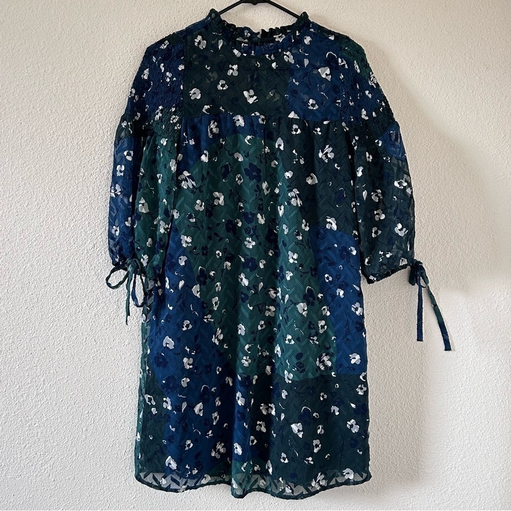 Susina Women’s Dress XSmall Green Blue Relax Drop Smock Shoulder Puff Sleeves
